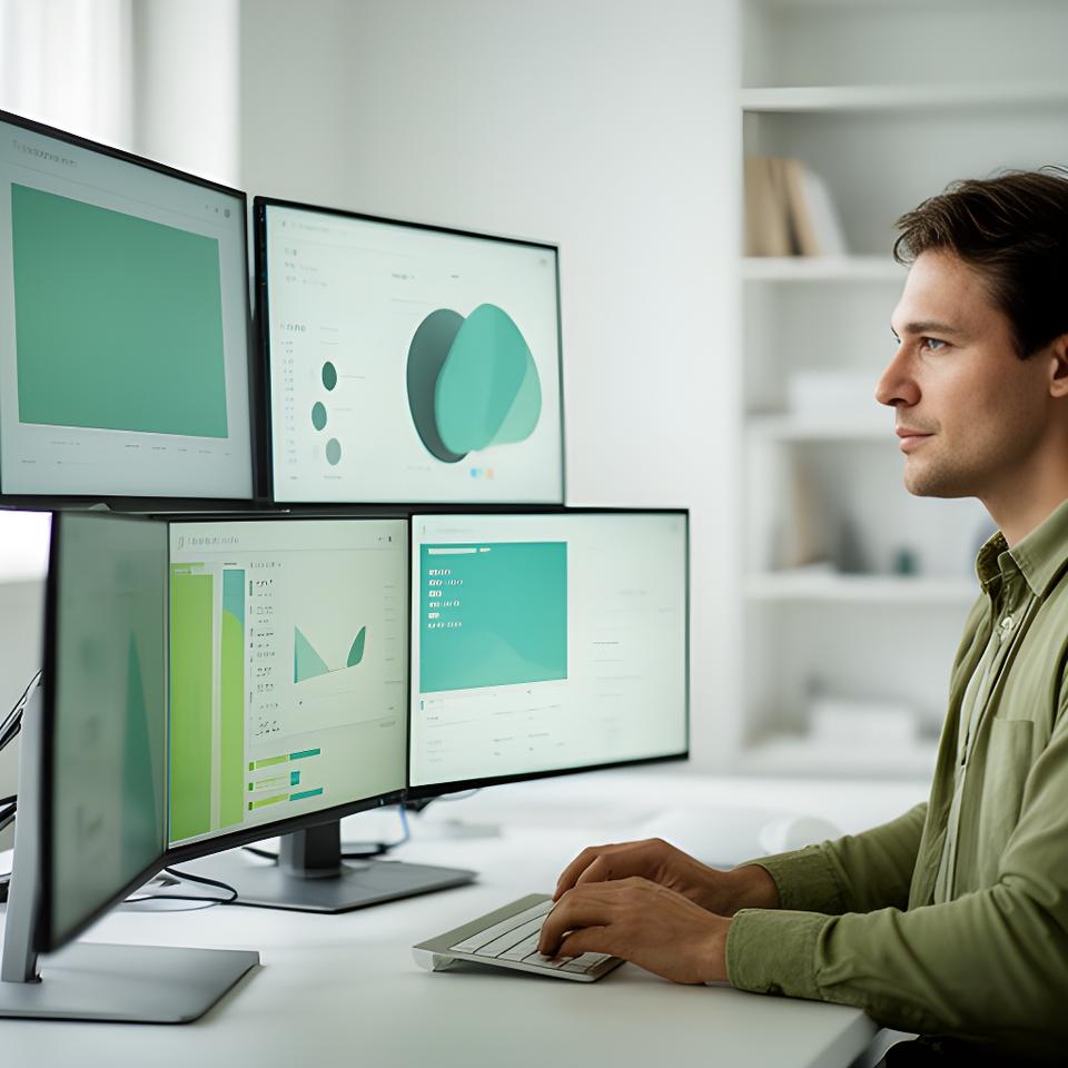 AI analytics strategist reviewing a multi-screen dashboard