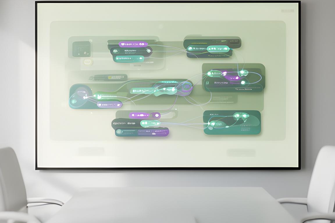 AI analytics pipeline displayed on a large screen in a modern meeting room with layered charts and data flows