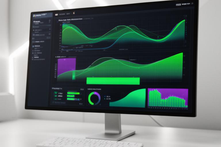 A branded analytics dashboard on a desktop monitor with line charts, heatmaps and highlighted performance trends